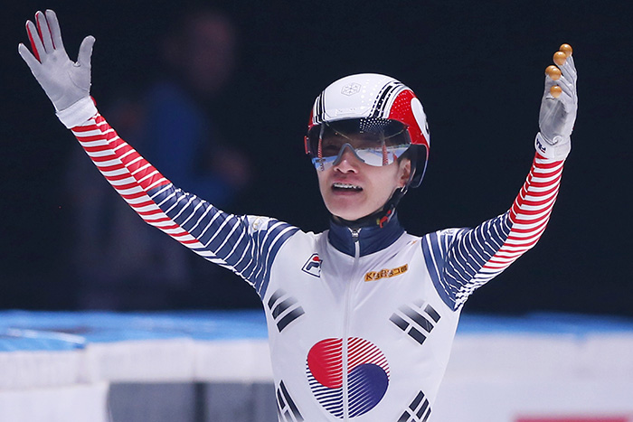 Seo Yi-ra of South Korea celebrates his victory in the men's 1,000 meters at the International Skating Union (ISU) World Short Track Championships in Rotterdam, the Netherlands, on March 12, 2017